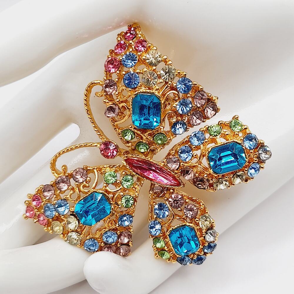 Vintage Rhinestone Butterfly Brooch Turquoise Pink Pastel Gold Tone